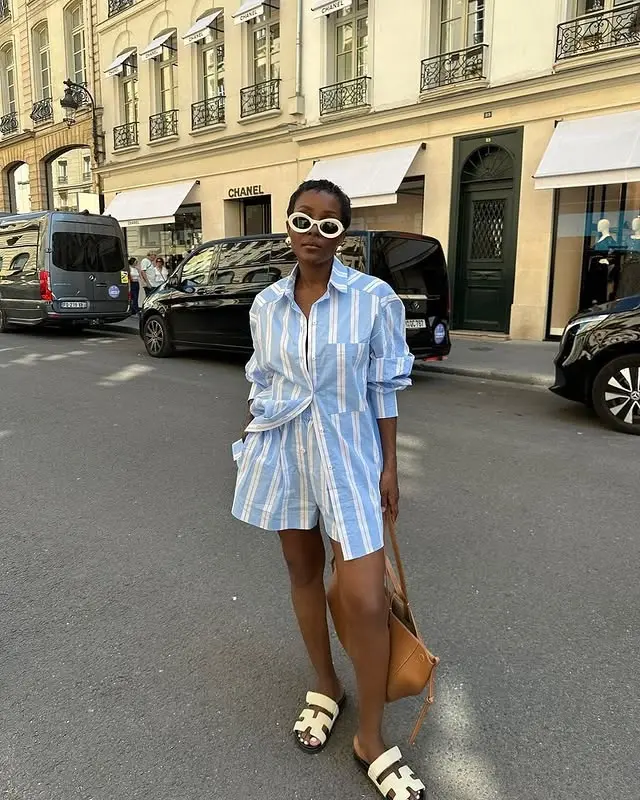New Light Blue Striped Two-Piece Set (Shirt & Shorts)