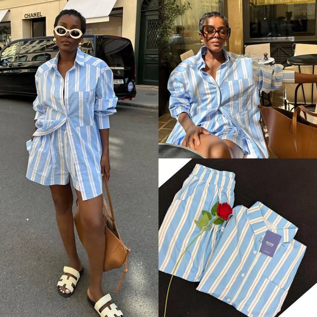 New Light Blue Striped Two-Piece Set (Shirt & Shorts) thumbnail 2