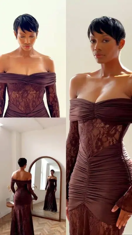 New Dark Brown Off-Shoulder Lace Dress