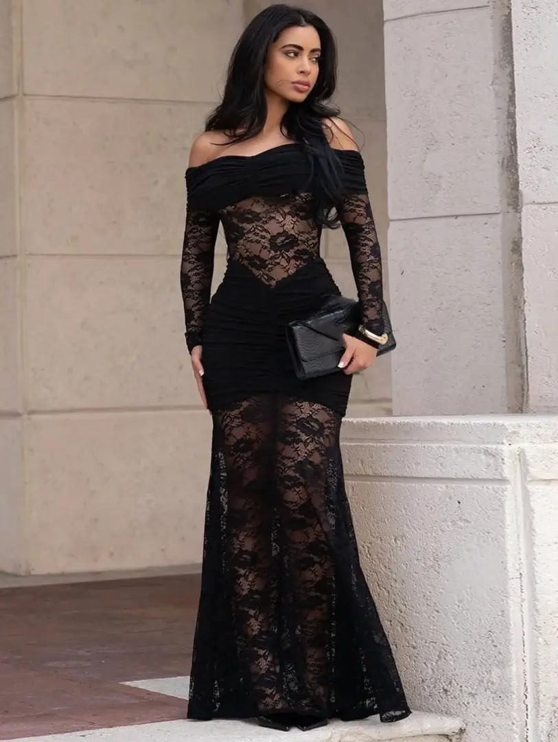 New Dark Brown Off-Shoulder Lace Dress thumbnail 2