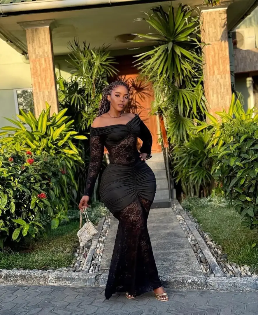 New Dark Brown Off-Shoulder Lace Dress thumbnail 3