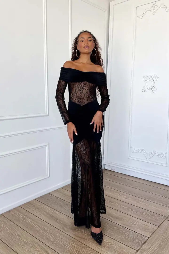 New Dark Brown Off-Shoulder Lace Dress thumbnail 4