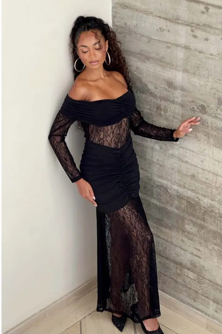 New Dark Brown Off-Shoulder Lace Dress thumbnail 5