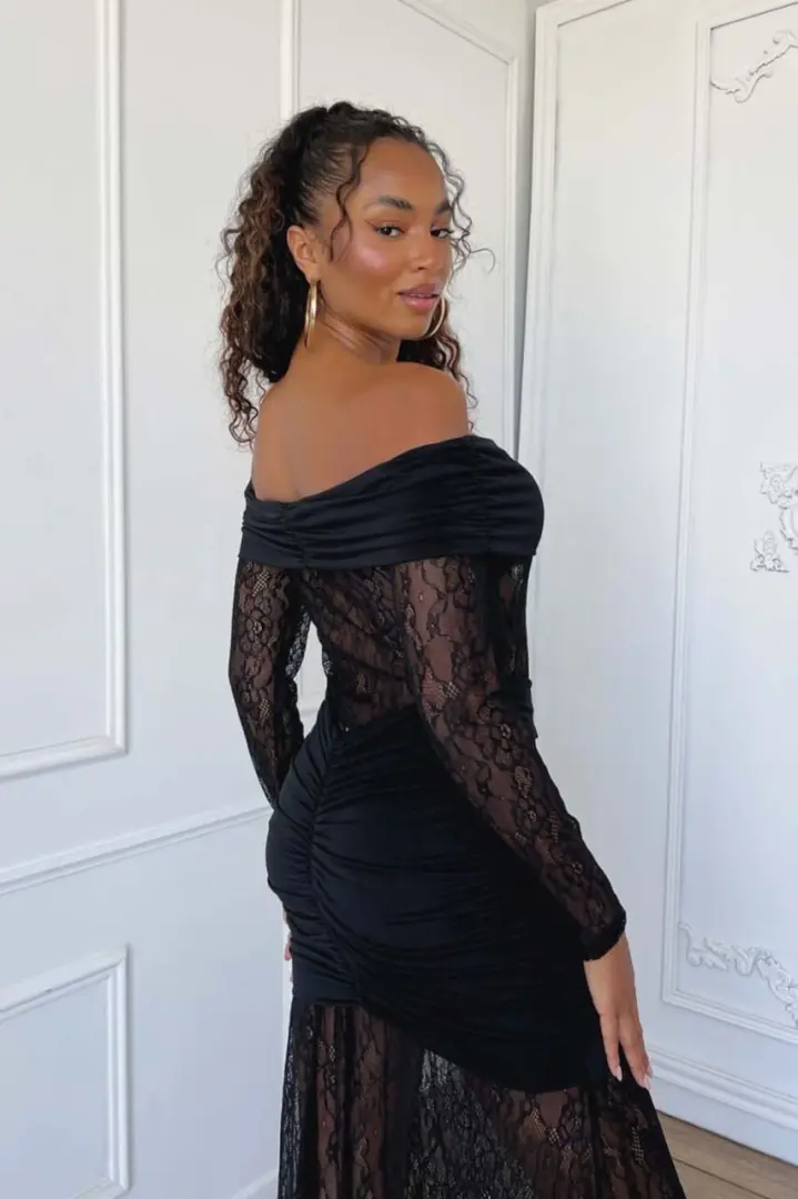 New Dark Brown Off-Shoulder Lace Dress thumbnail 6