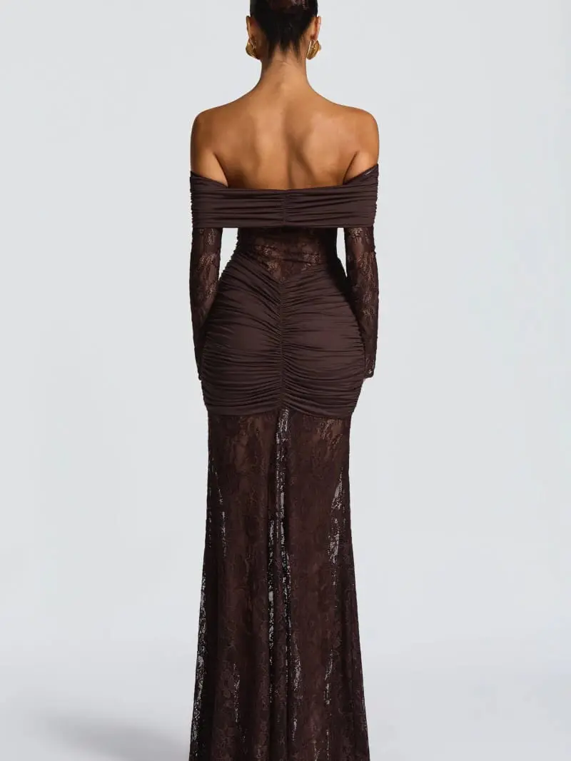 New Dark Brown Off-Shoulder Lace Dress thumbnail 7