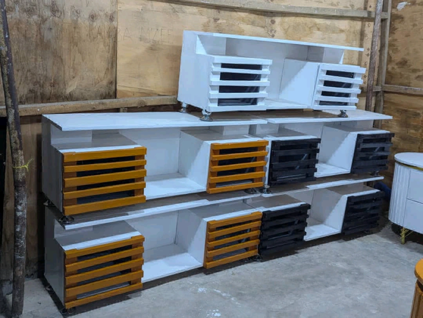 New White TV Showcase with Orange/Black Drawers
