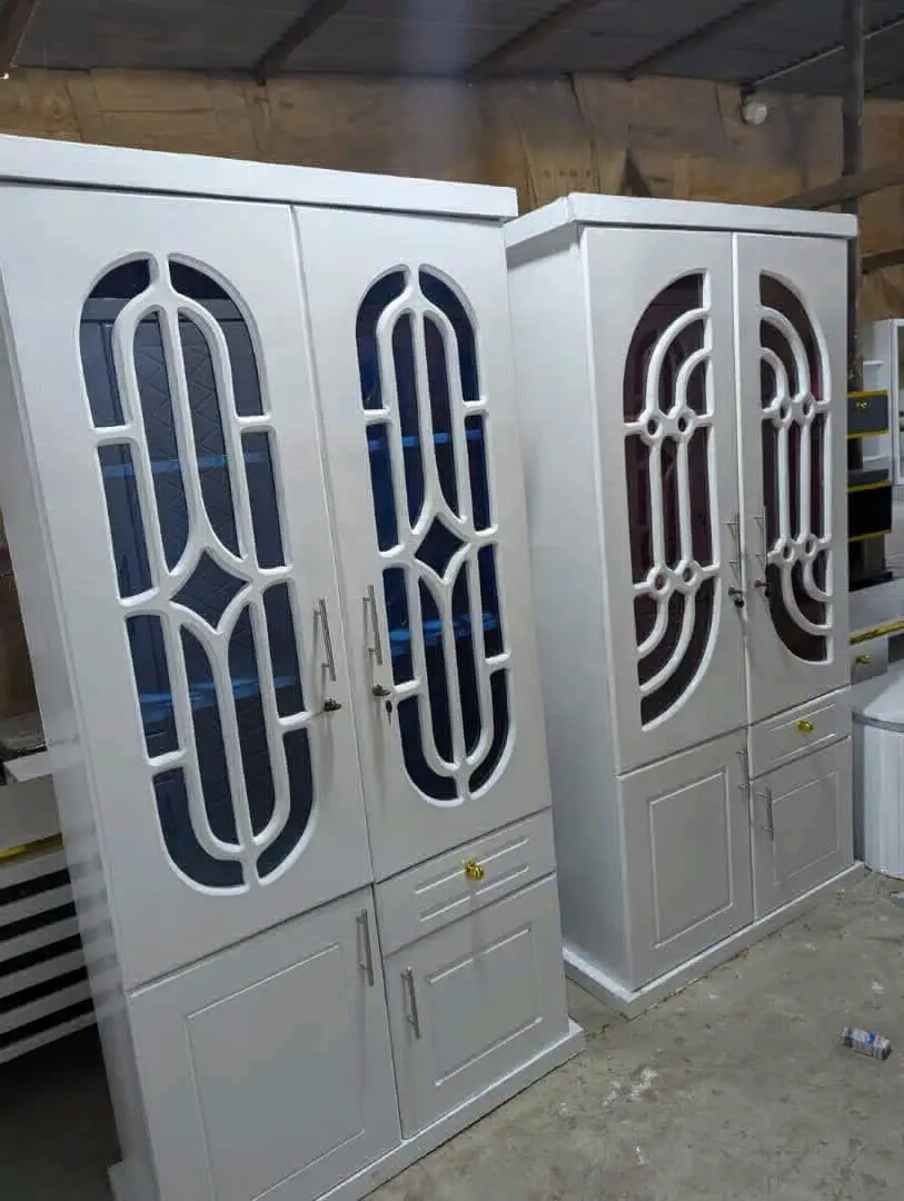 Two White Wooden Storage Cabinets with Glass Doors