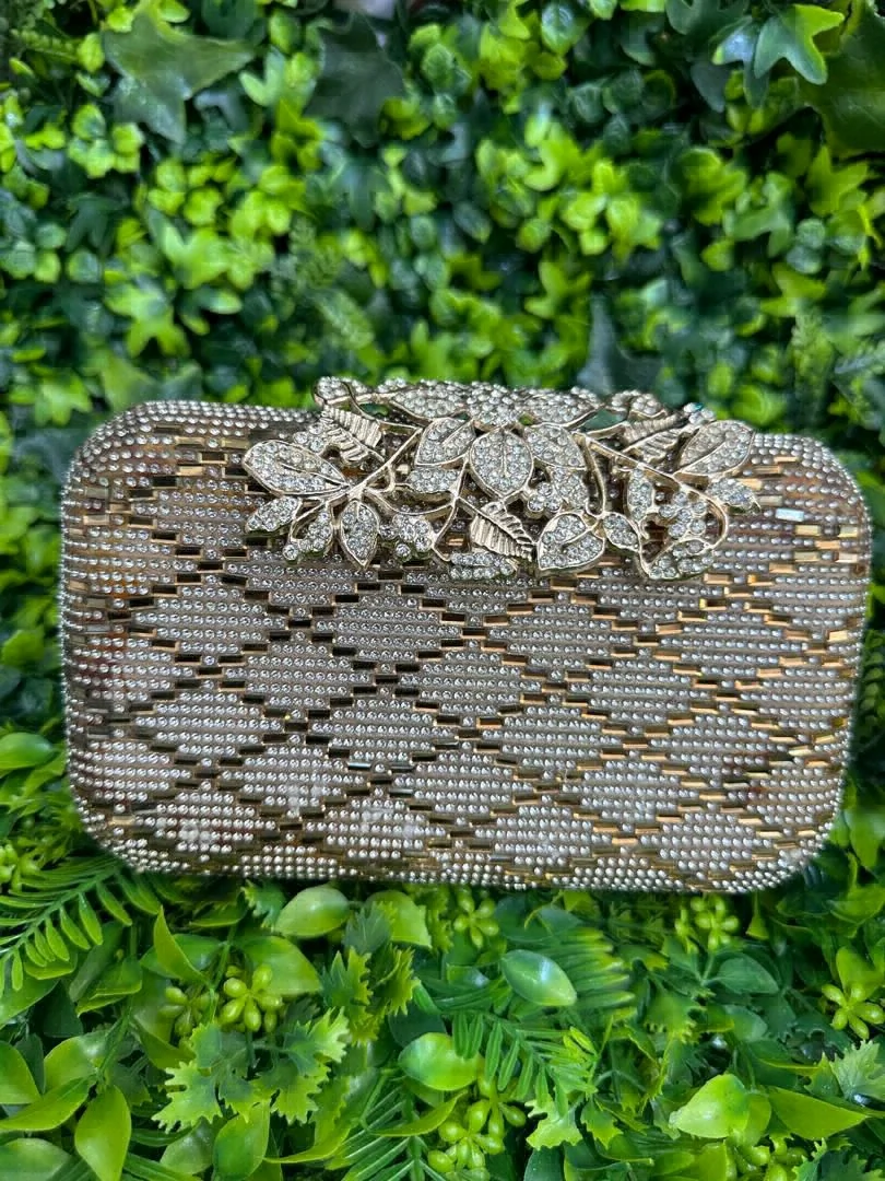 Gold Clutch Handbag with Rhinestone Clasp