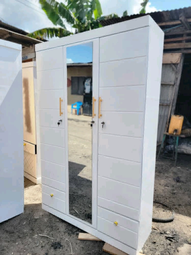 White Three-Door Wardrobe (Kabati) with Mirror