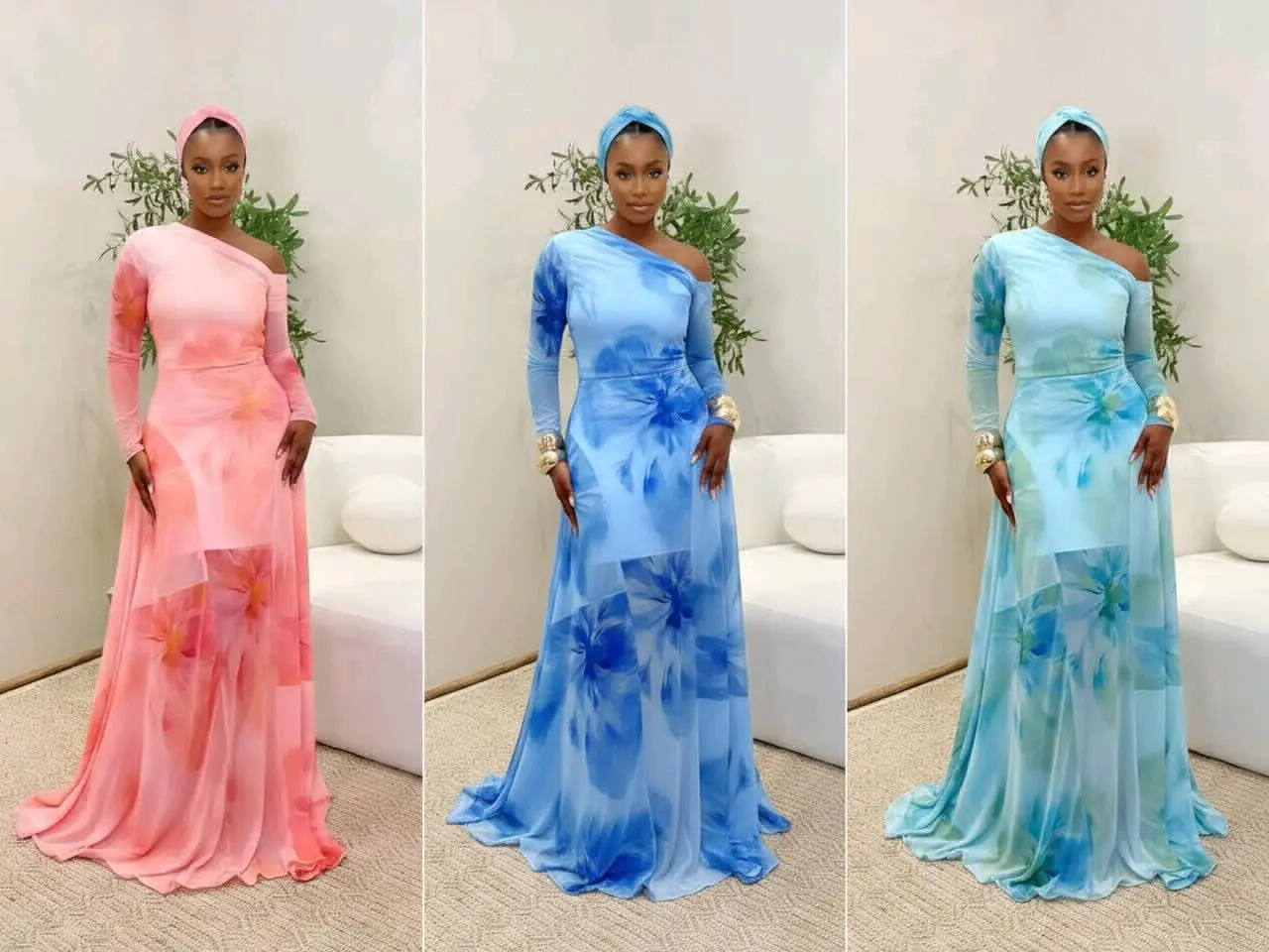 Long One-Shoulder Floral Maxi Dresses
