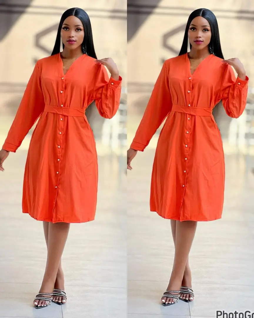 Bright Orange Long-Sleeved Button-Down Dress