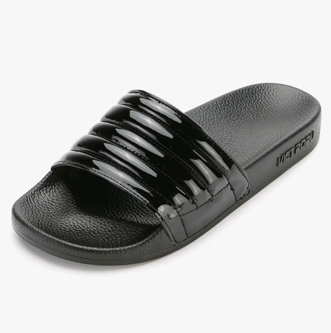 Women's Black Glossy Slide Slippers thumbnail 2