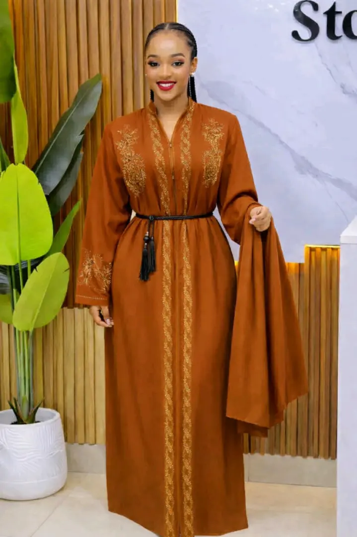 Abaya Dress Brown/Rust with Gold Embroidery