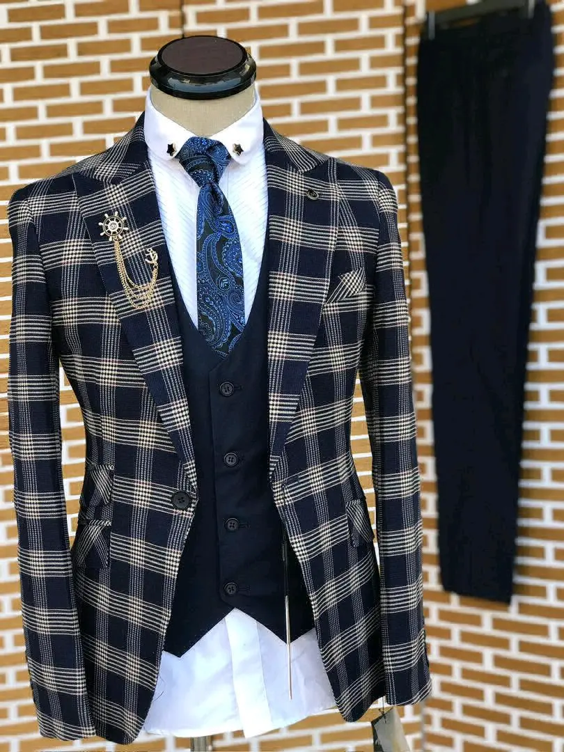 Mario Casas Men's Three-Piece Suit Navy Plaid