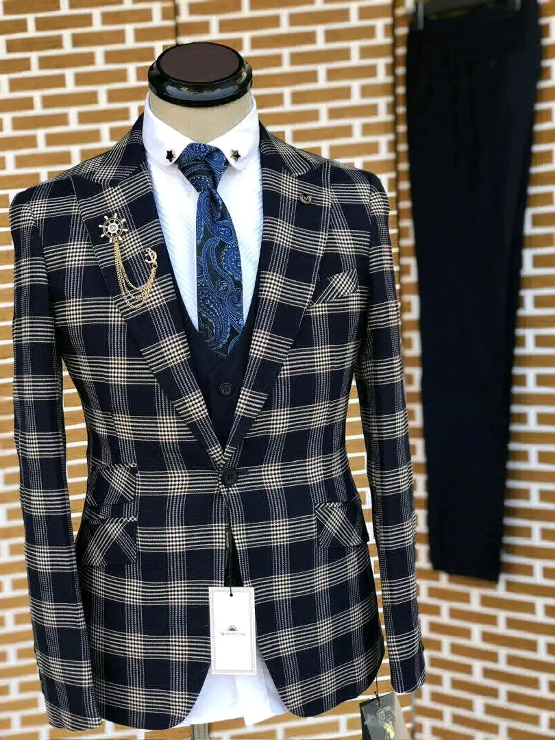 Mario Casas Men's Three-Piece Suit Navy Plaid thumbnail 2