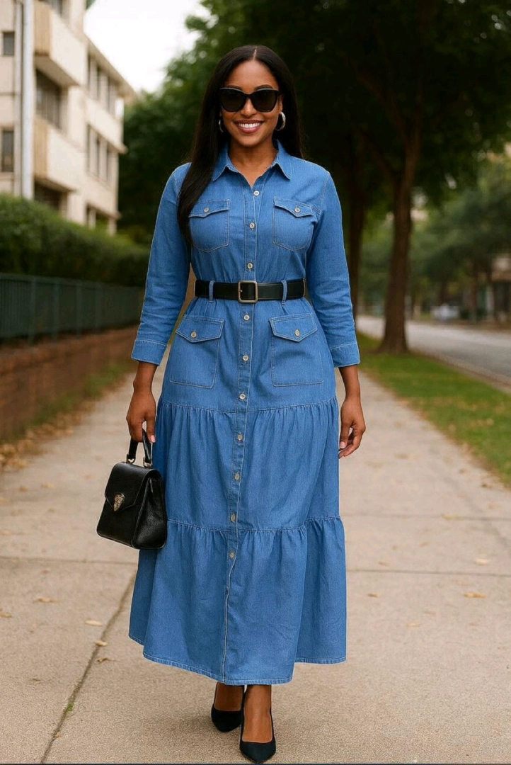 Long Light Blue Denim Dress by Prince Fashion