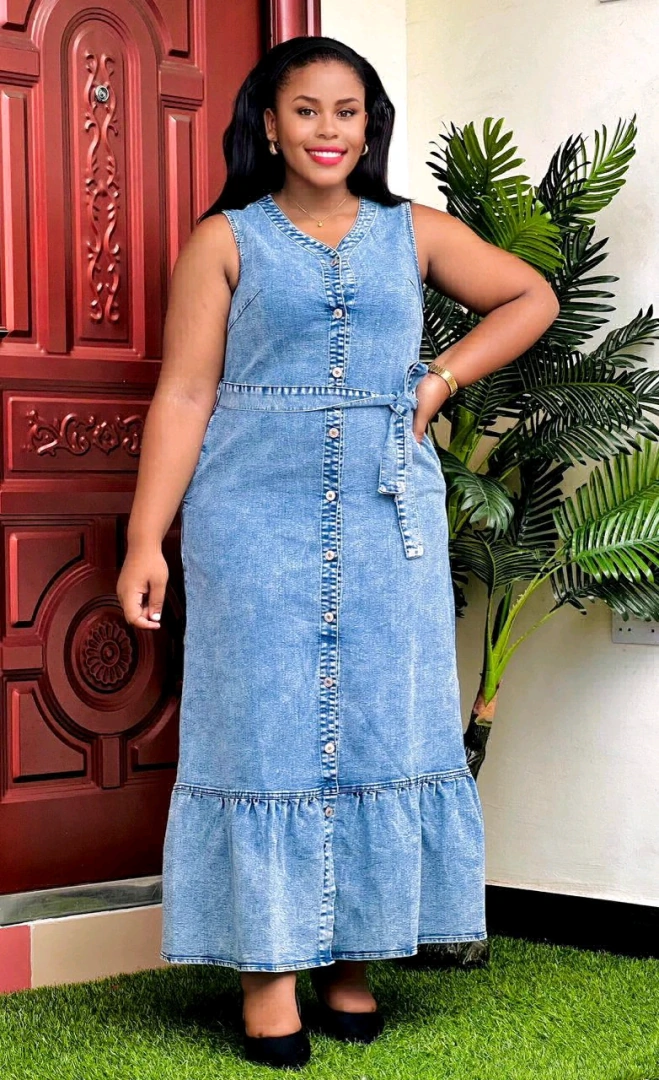 Long Light Blue Denim Dress by Prince Fashion thumbnail 2