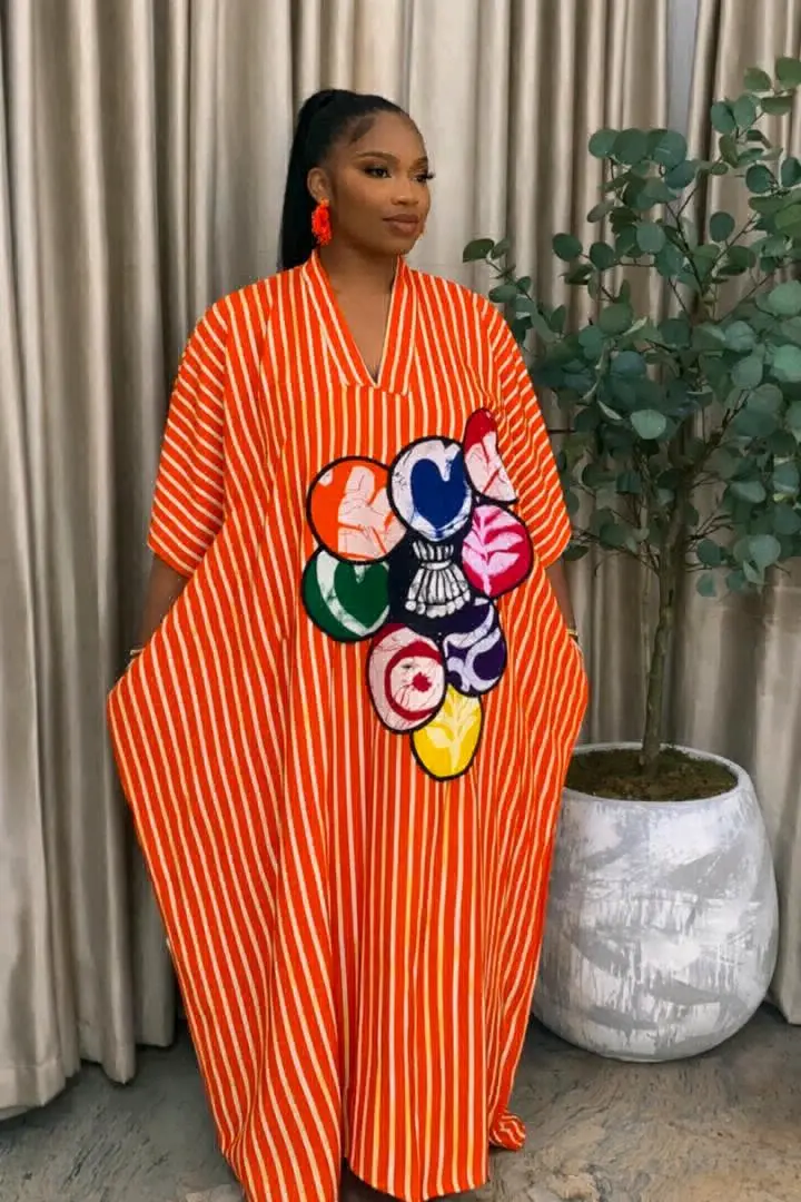 Kaftan Style Dress (Orange/White Stripes)