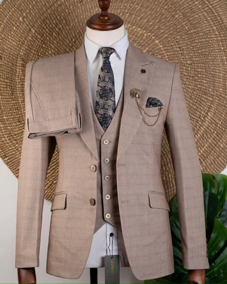 Joselino Three-Piece Men's Suit (Light Brown Plaid)