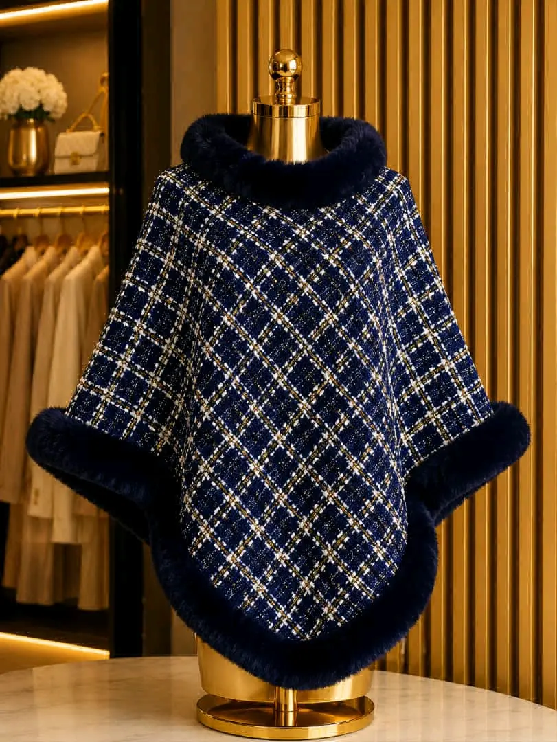 Collar Plaid Cape Poncho with Fur Trim