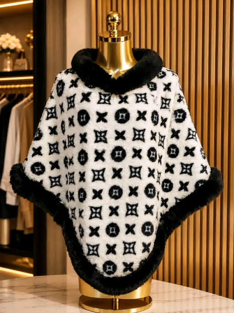 Collar Plaid Cape Poncho with Fur Trim thumbnail 2