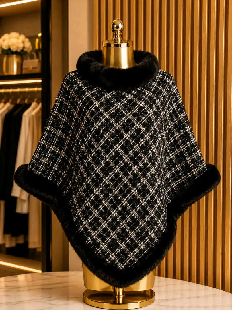 Collar Plaid Cape Poncho with Fur Trim thumbnail 3