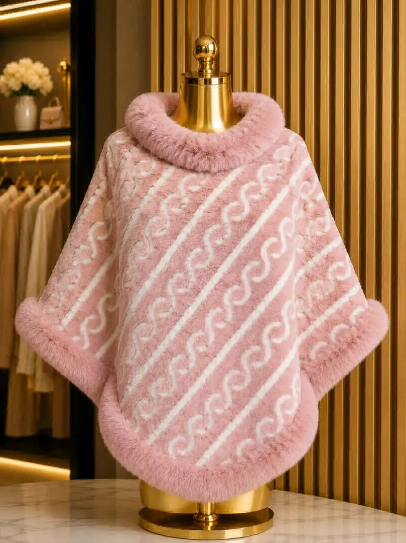 Collar Plaid Cape Poncho with Fur Trim thumbnail 4