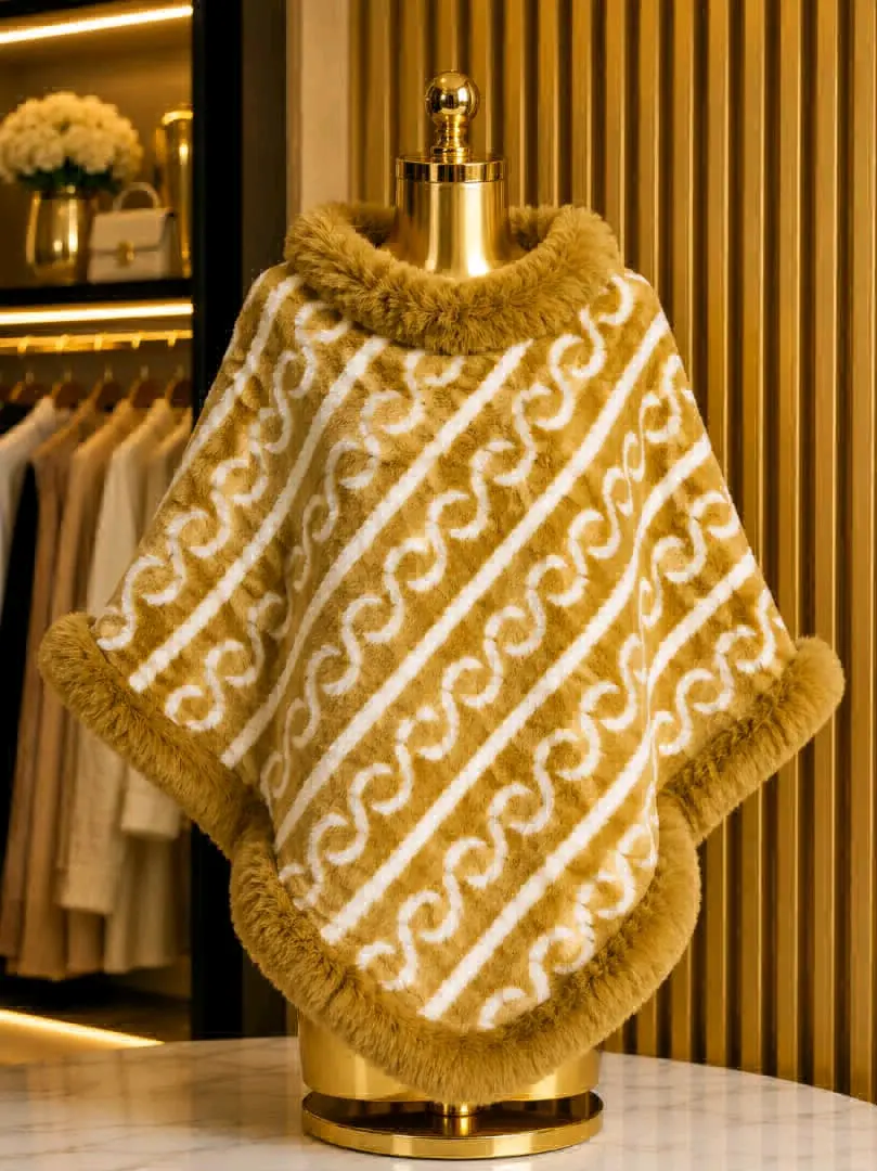 Collar Plaid Cape Poncho with Fur Trim thumbnail 5