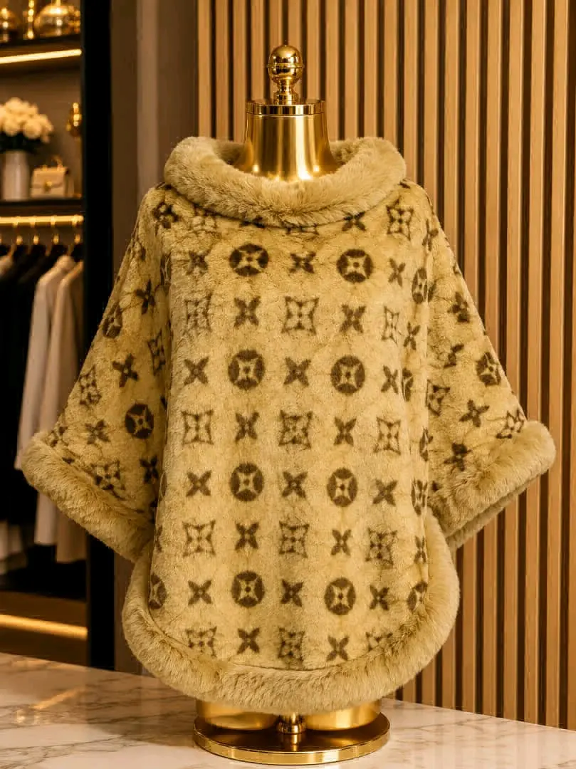 Collar Plaid Cape Poncho with Fur Trim thumbnail 6