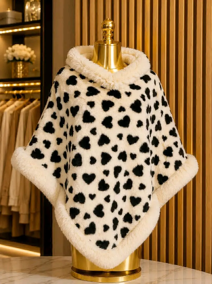 Collar Plaid Cape Poncho with Fur Trim thumbnail 7