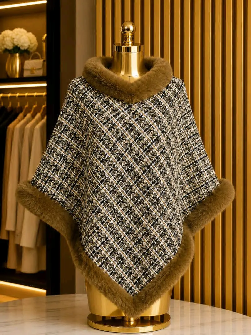 Collar Plaid Cape Poncho with Fur Trim thumbnail 8