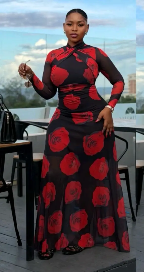 Black Mesh Maxi Dress with Rose Pattern