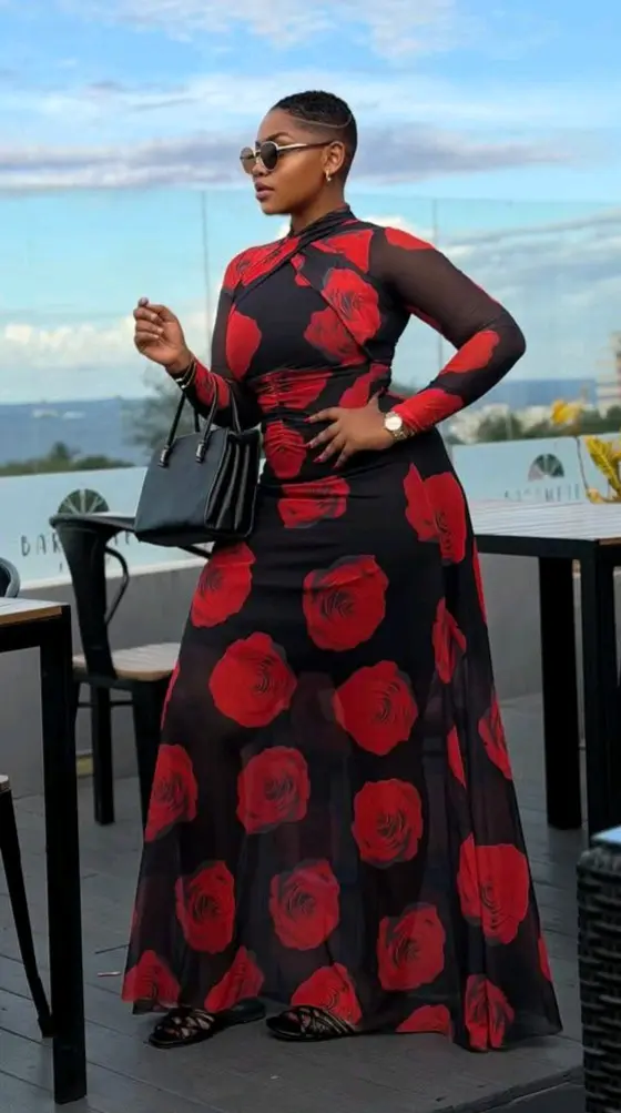 Black Mesh Maxi Dress with Rose Pattern thumbnail 3