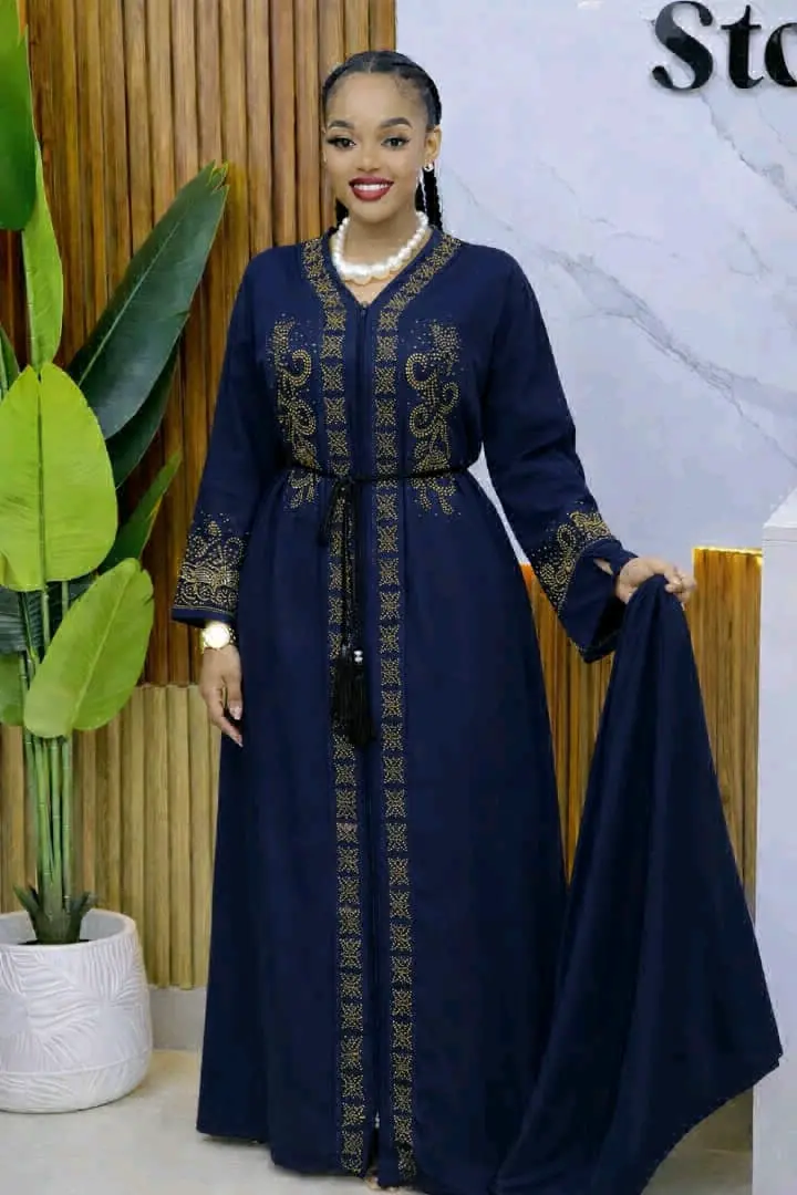 Abaya Dress Set (2 Pieces) - Dark Blue with Gold Embroidery