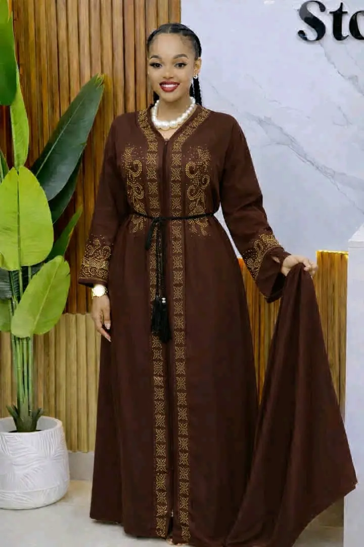 Abaya Dress Set (2 Pieces) - Dark Blue with Gold Embroidery thumbnail 3