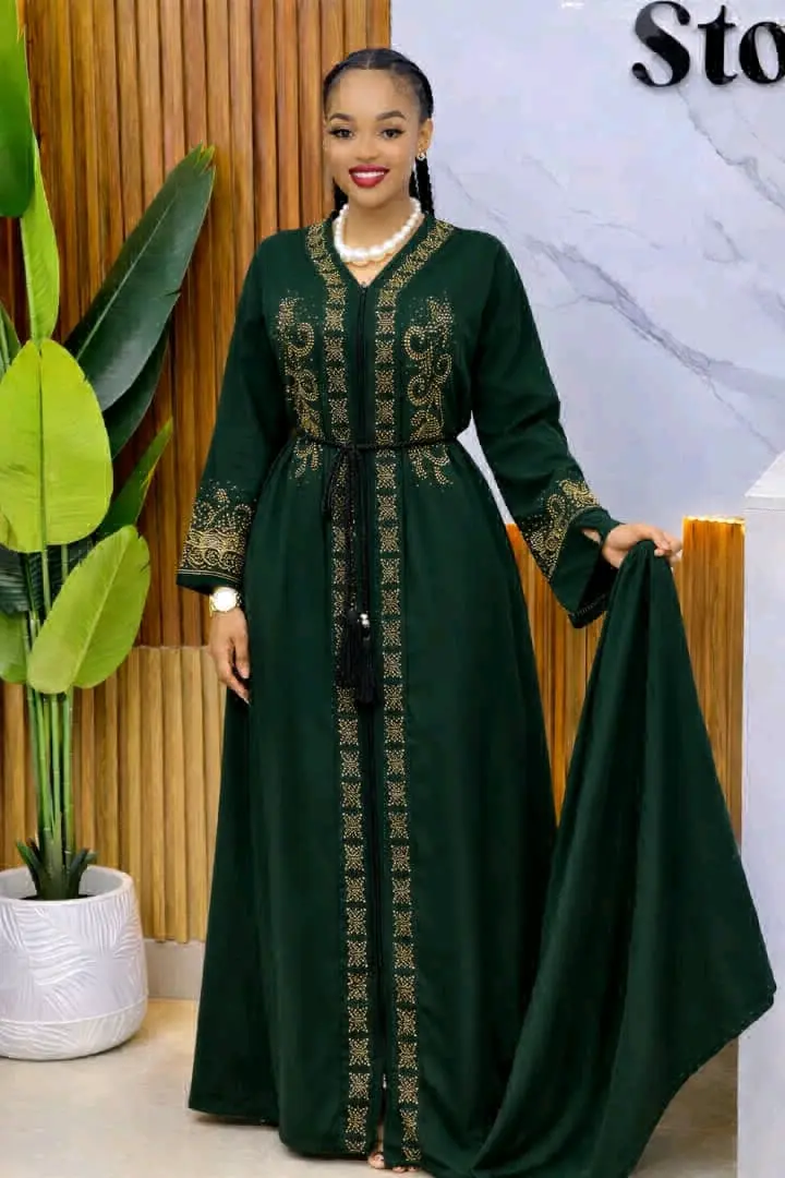 Abaya Dress Set (2 Pieces) - Dark Blue with Gold Embroidery thumbnail 4