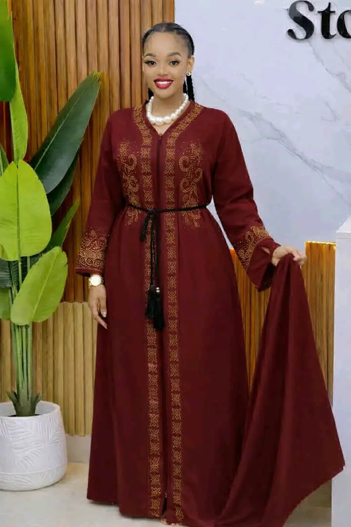 Abaya Dress Set (2 Pieces) - Dark Blue with Gold Embroidery thumbnail 6